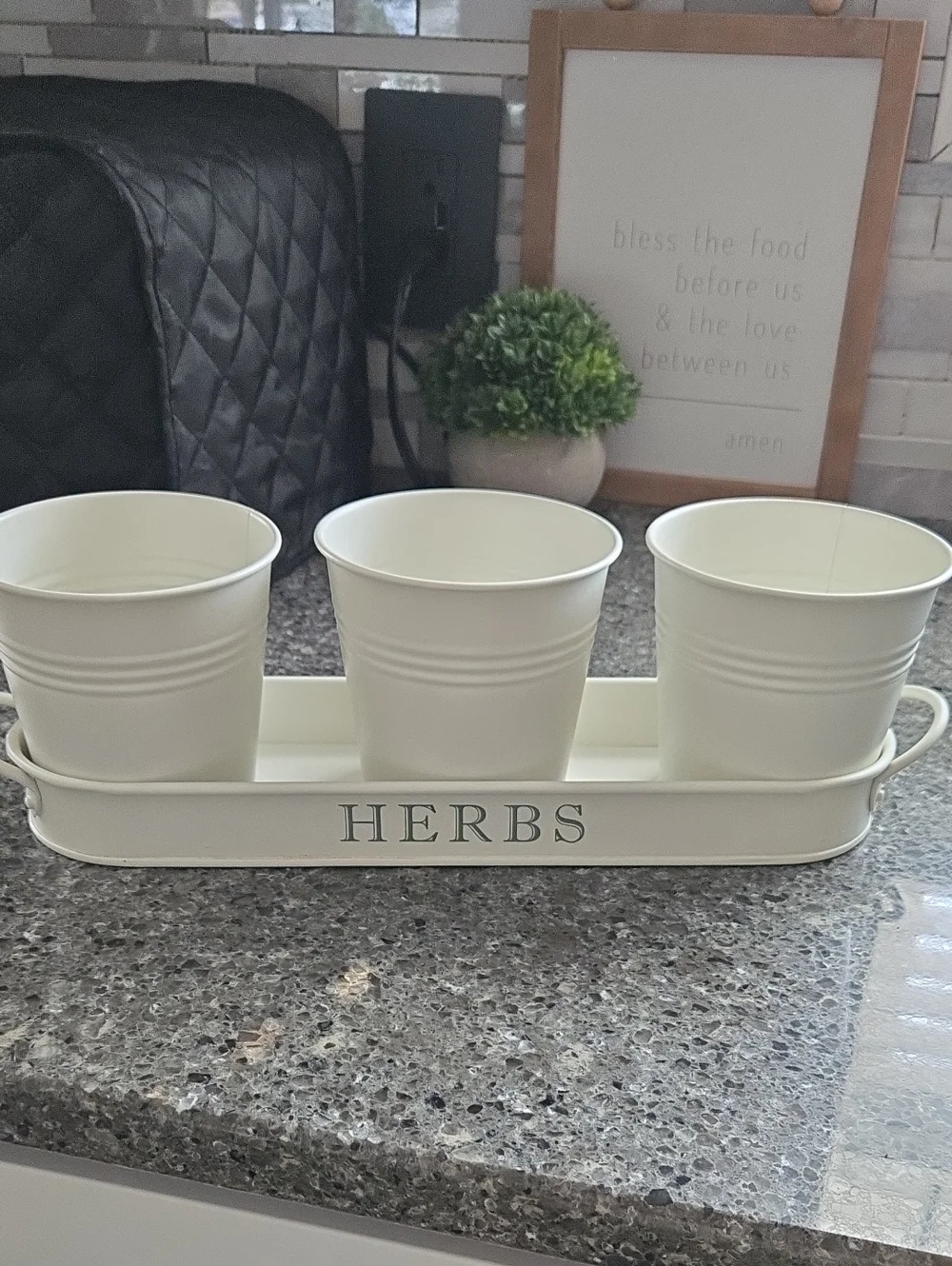 Cream Herb Tray with Three Matching Pots